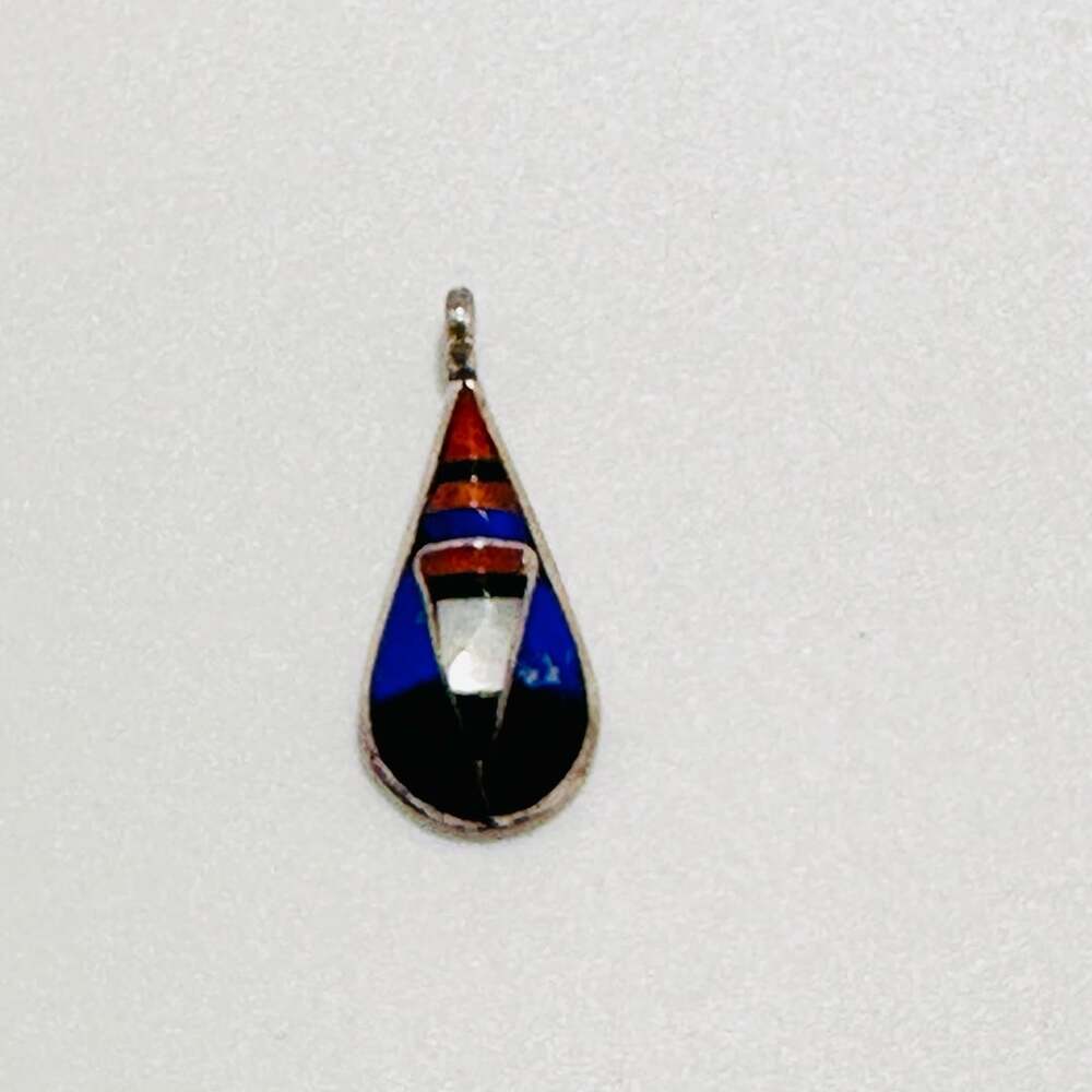 Native American Zuni Handmade Sterling Silver Teardrop Multi-Stone Inlay Pendant